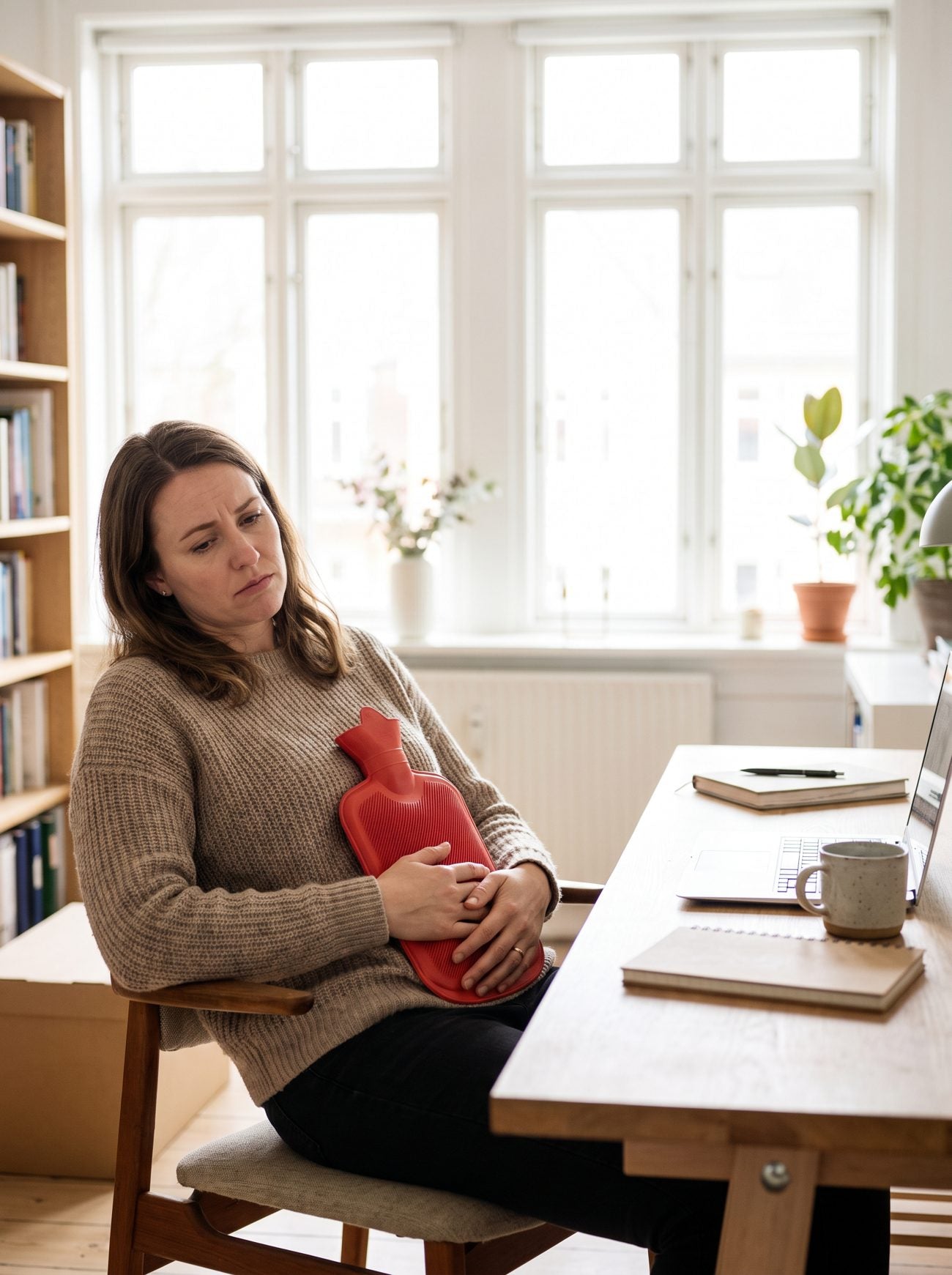 A hot water bottle held against the belly at a desk, hands full, unable to get on with the day