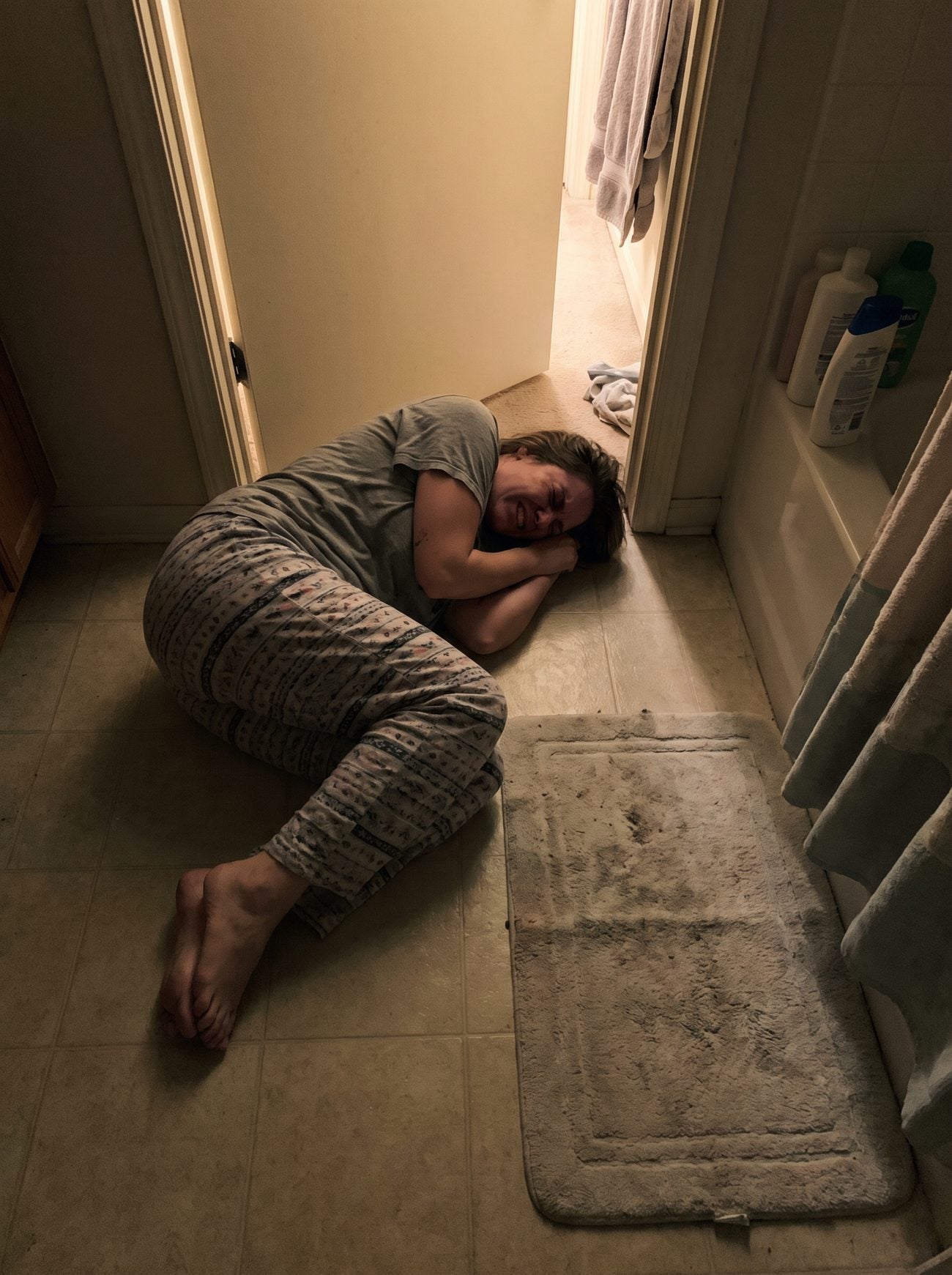 A woman curled up on the bathroom floor at night with cramps