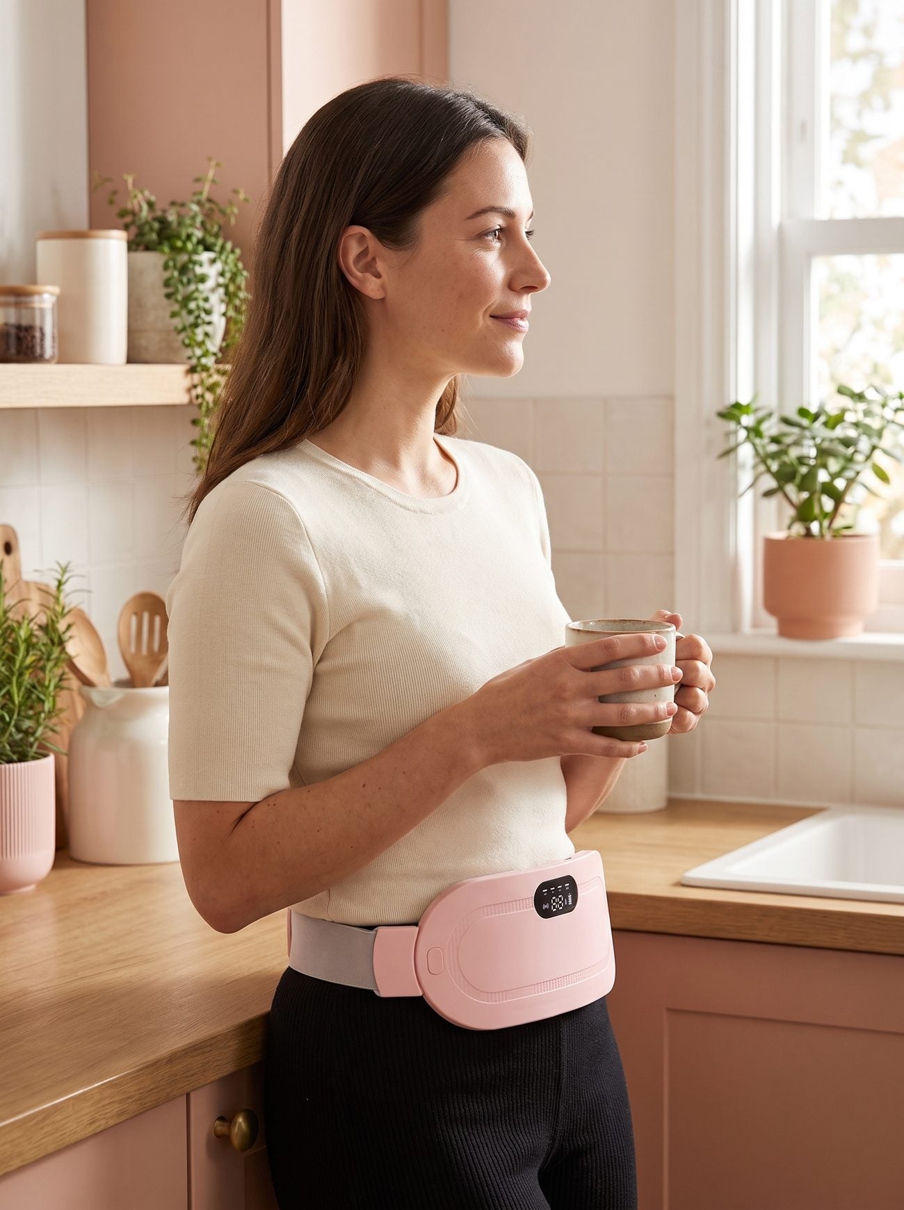 A calm woman getting on with her day wearing the Solace belt