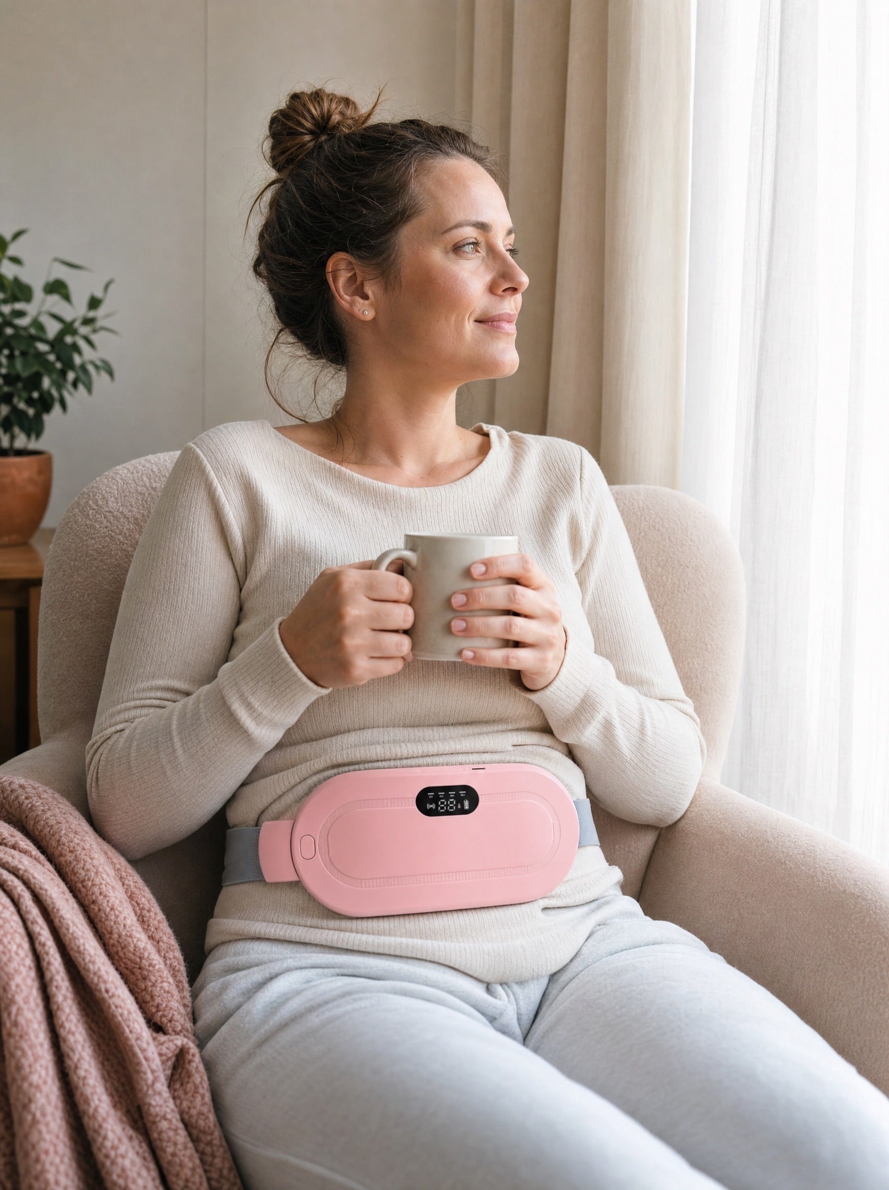 A calm woman at home wearing the Solace heat belt
